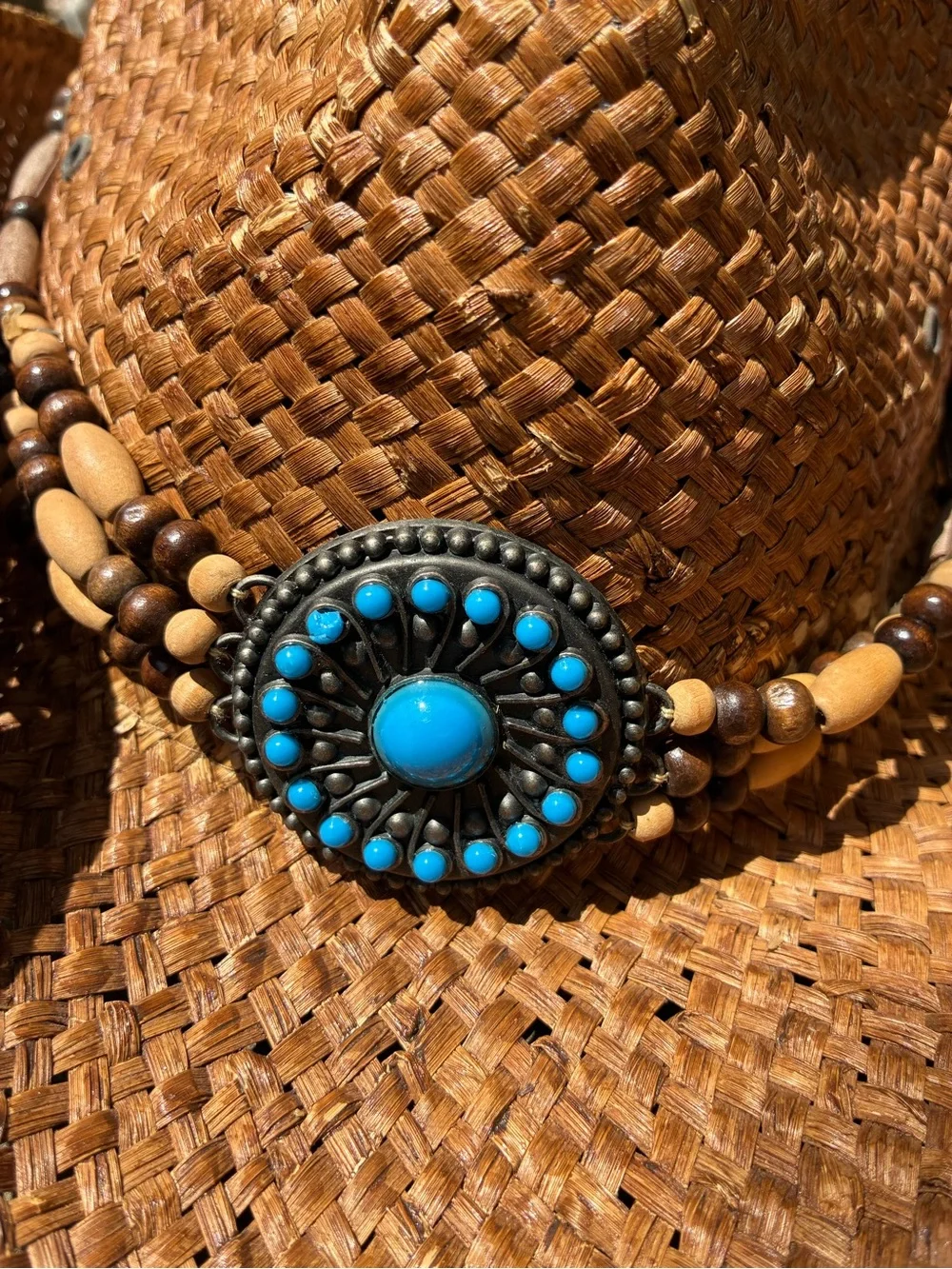 Peter Grimm Women’s Straw Western Cowboy Hat with Turquoise Beaded Concho